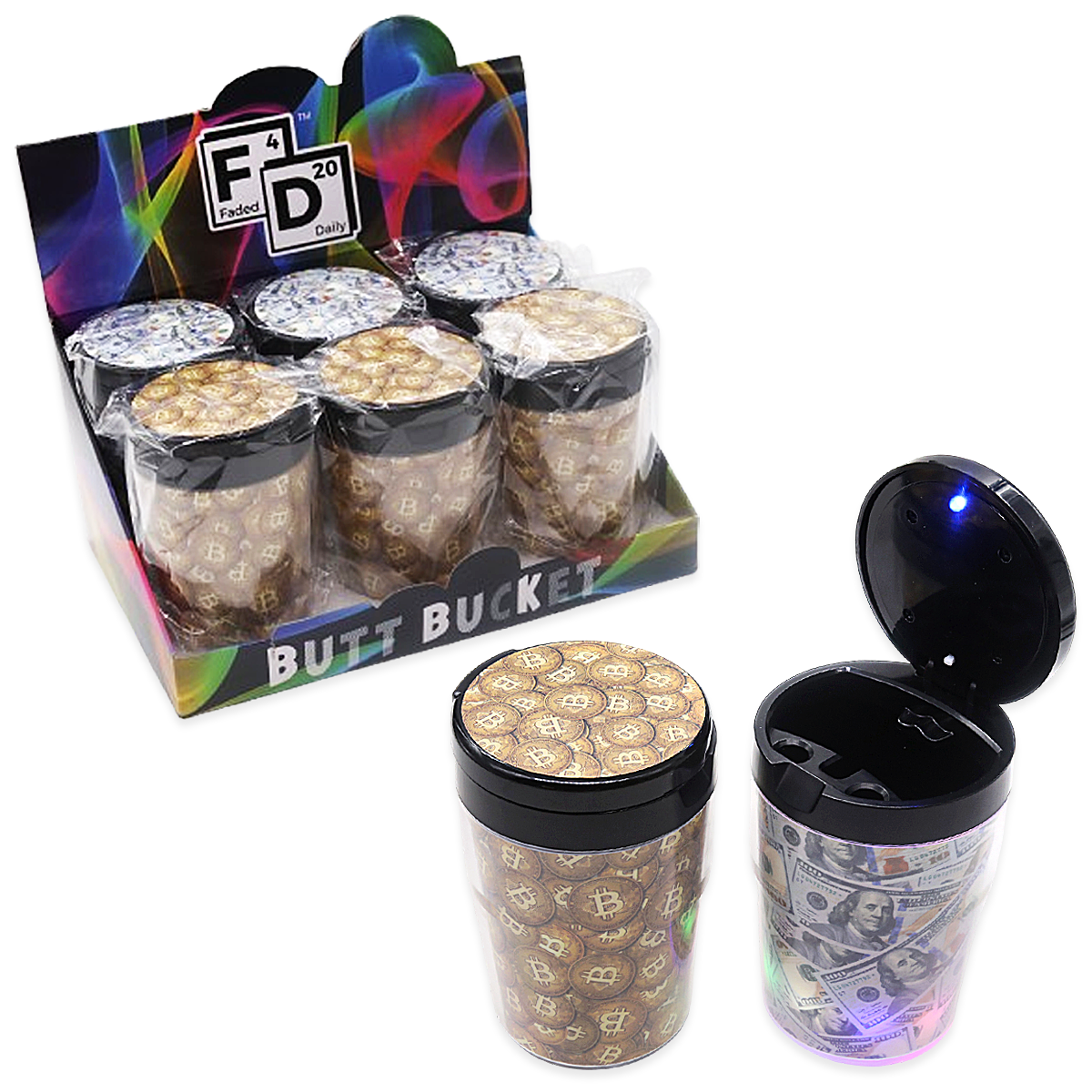 Faded Daily Butt Bucket Money Designs LED Car Ashtray (FDX5132) | 6 Count Display product image